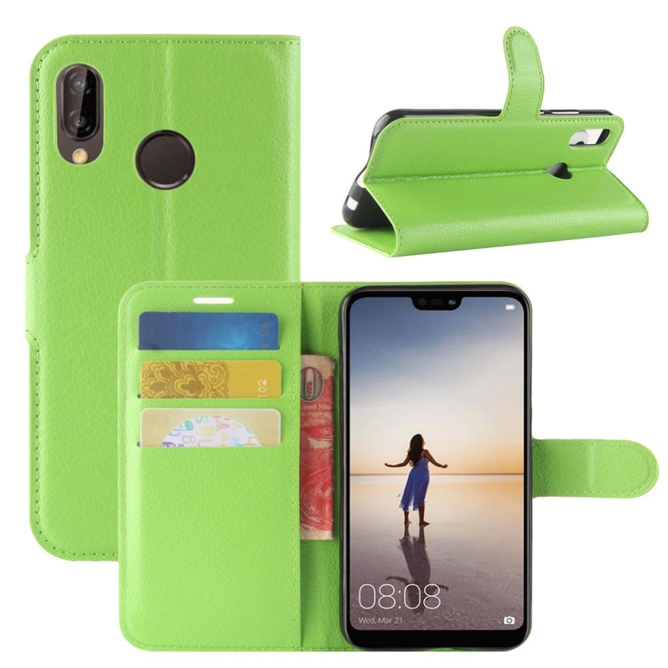 New Premium Leather Wallet Case TPU Cover For HUAWEI Nova 3i-Green