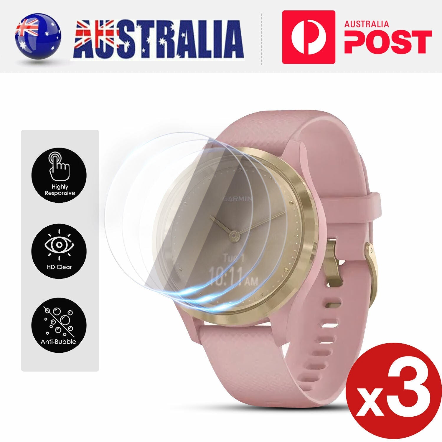 3X For Garmin Vivomove 3 3S 9H Full Cover Tempered Glass Screen Protector Film