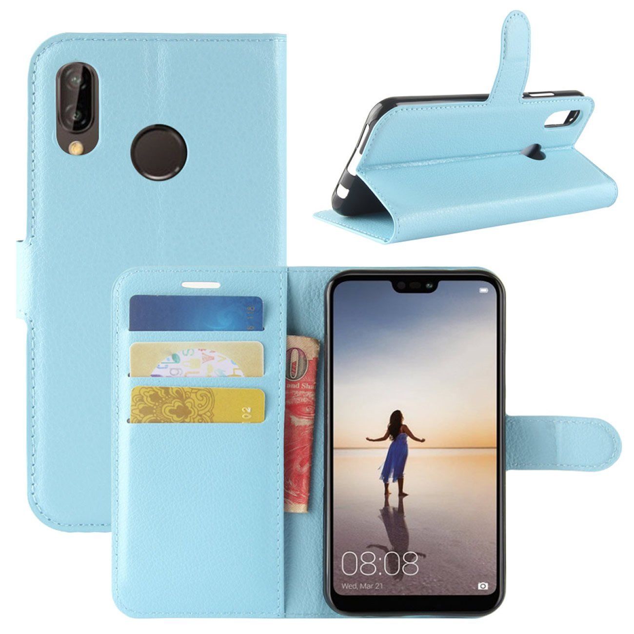 New Premium Leather Wallet Case TPU Cover For HUAWEI Nova 3e-Skyblue