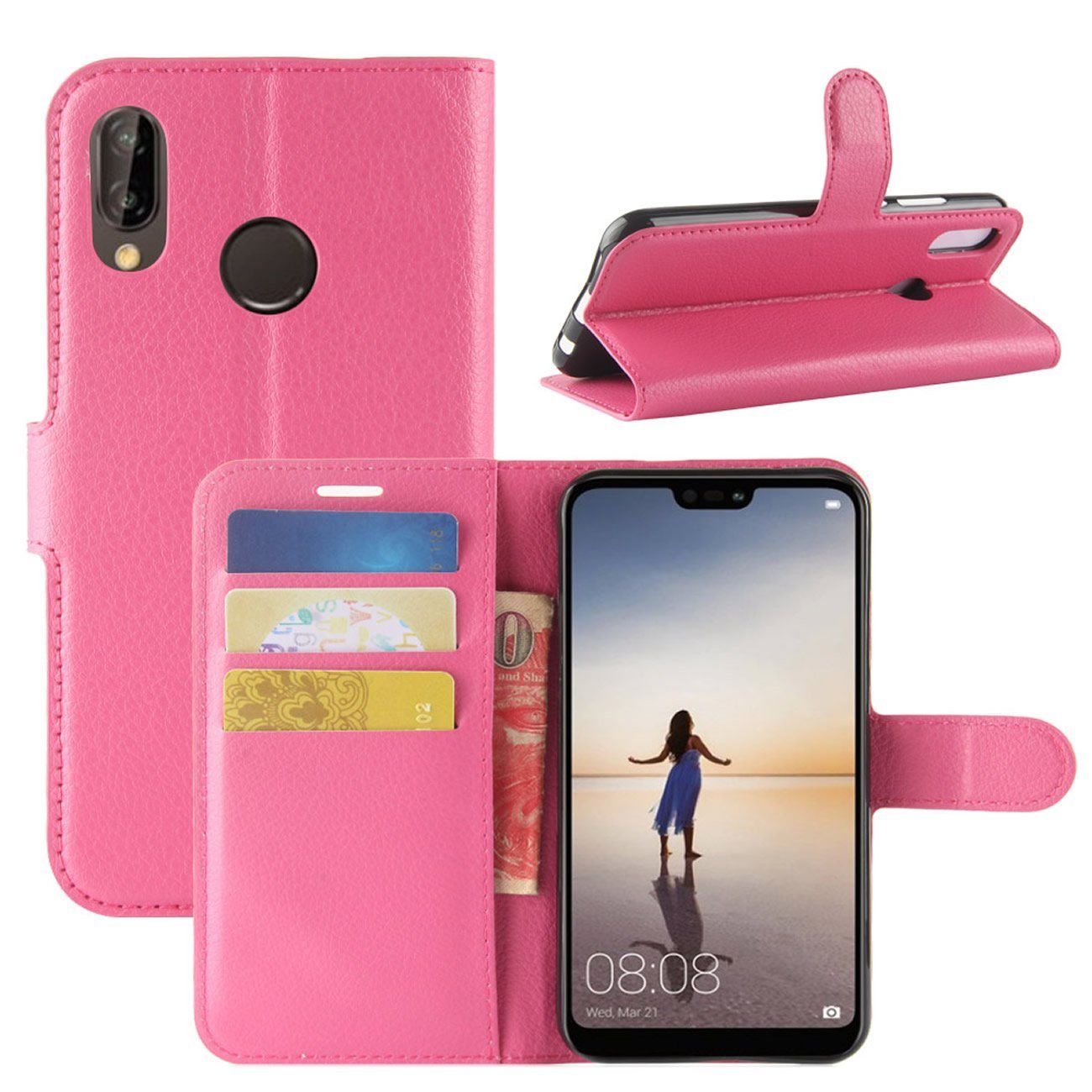 New Premium Leather Wallet Case TPU Cover For HUAWEI Nova 3e-Hot Pink