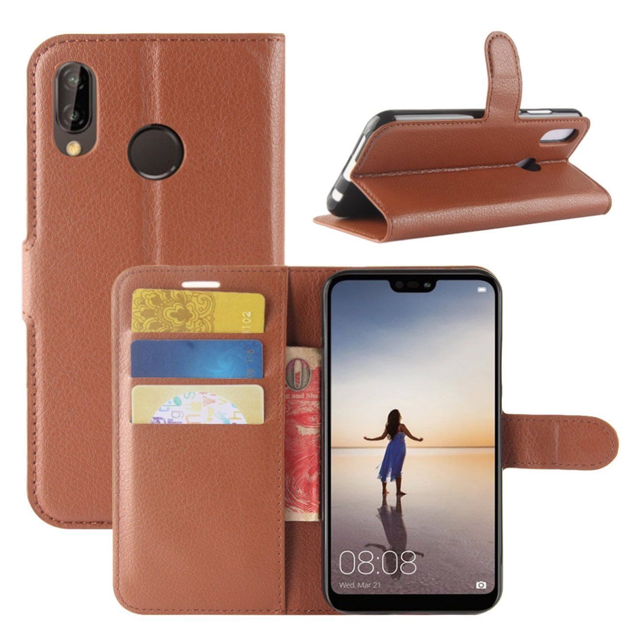 New Premium Leather Wallet Case TPU Cover For HUAWEI Nova 3e-Brown