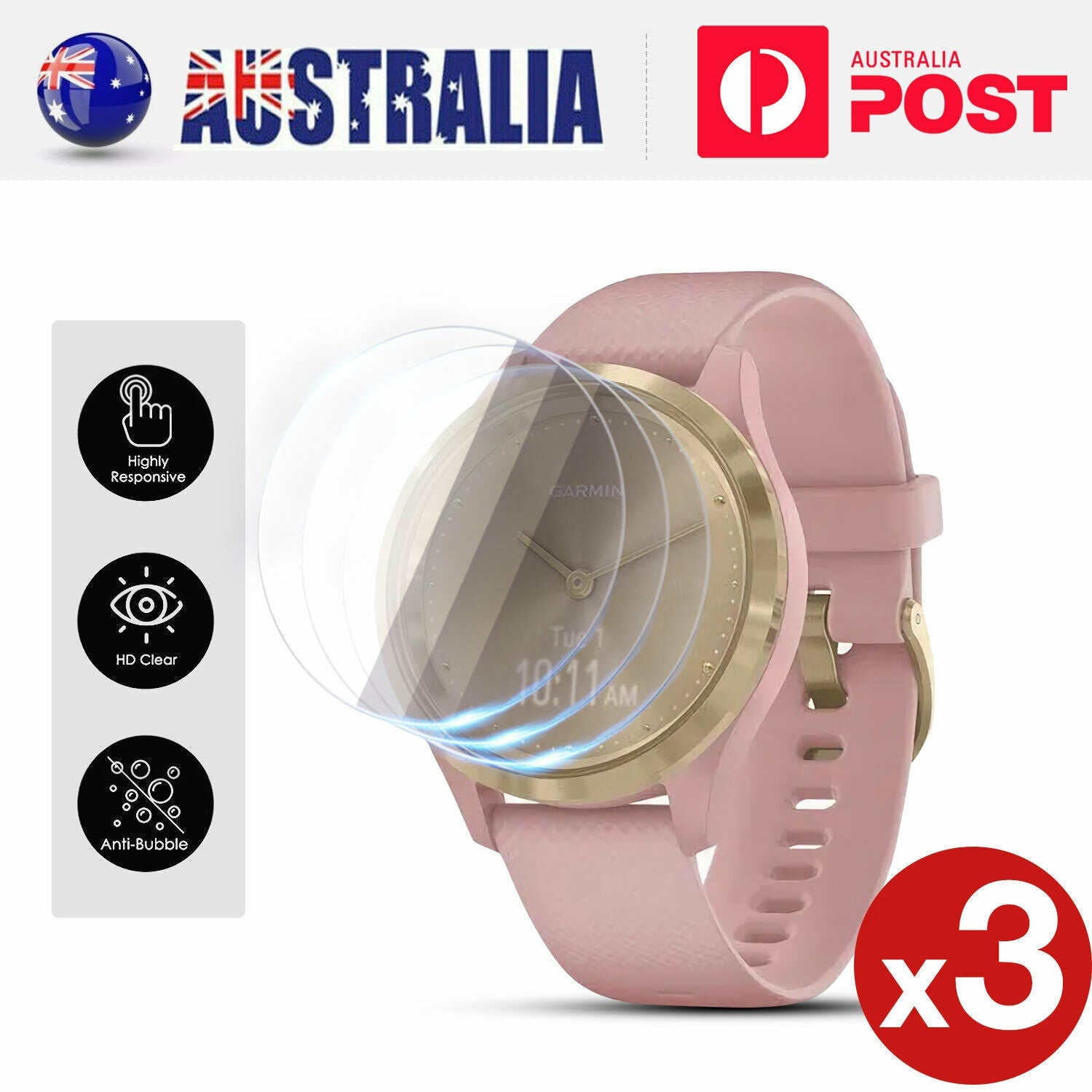 3X For Garmin Vivomove 3 3S 9H Full Cover Tempered Glass Screen Protector Film