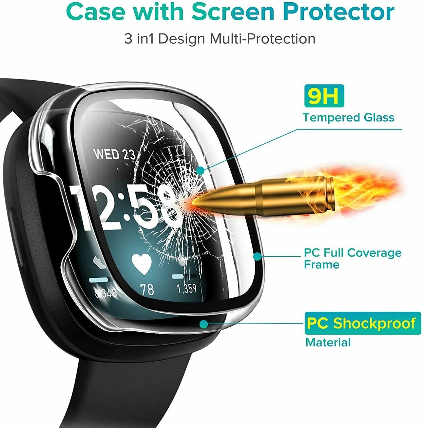 2PS For Fitbit Versa 3 Sense Case Full Cover Tempered Glass Screen Protector Cover