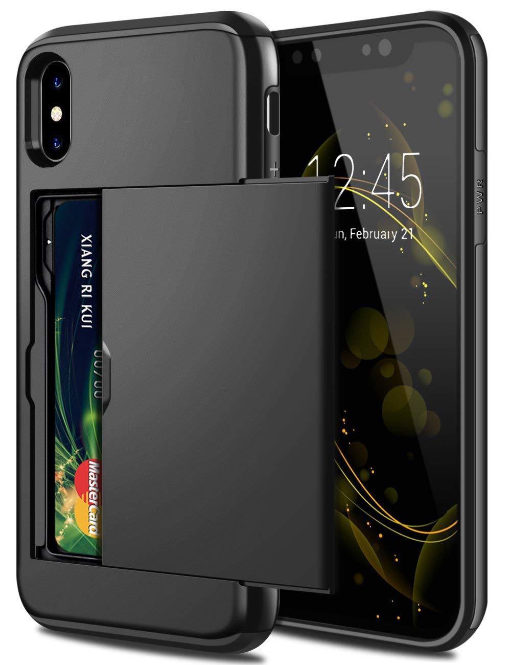 iPhone X Case Slide Armor Wallet Card Slots Holder Cover for Apple-Black