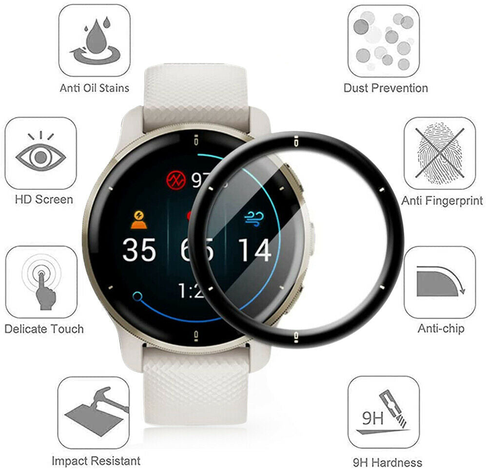 2X For Garmin Venu 2 Plus Full Cover Tempered Glass Screen Protector Cover Guard