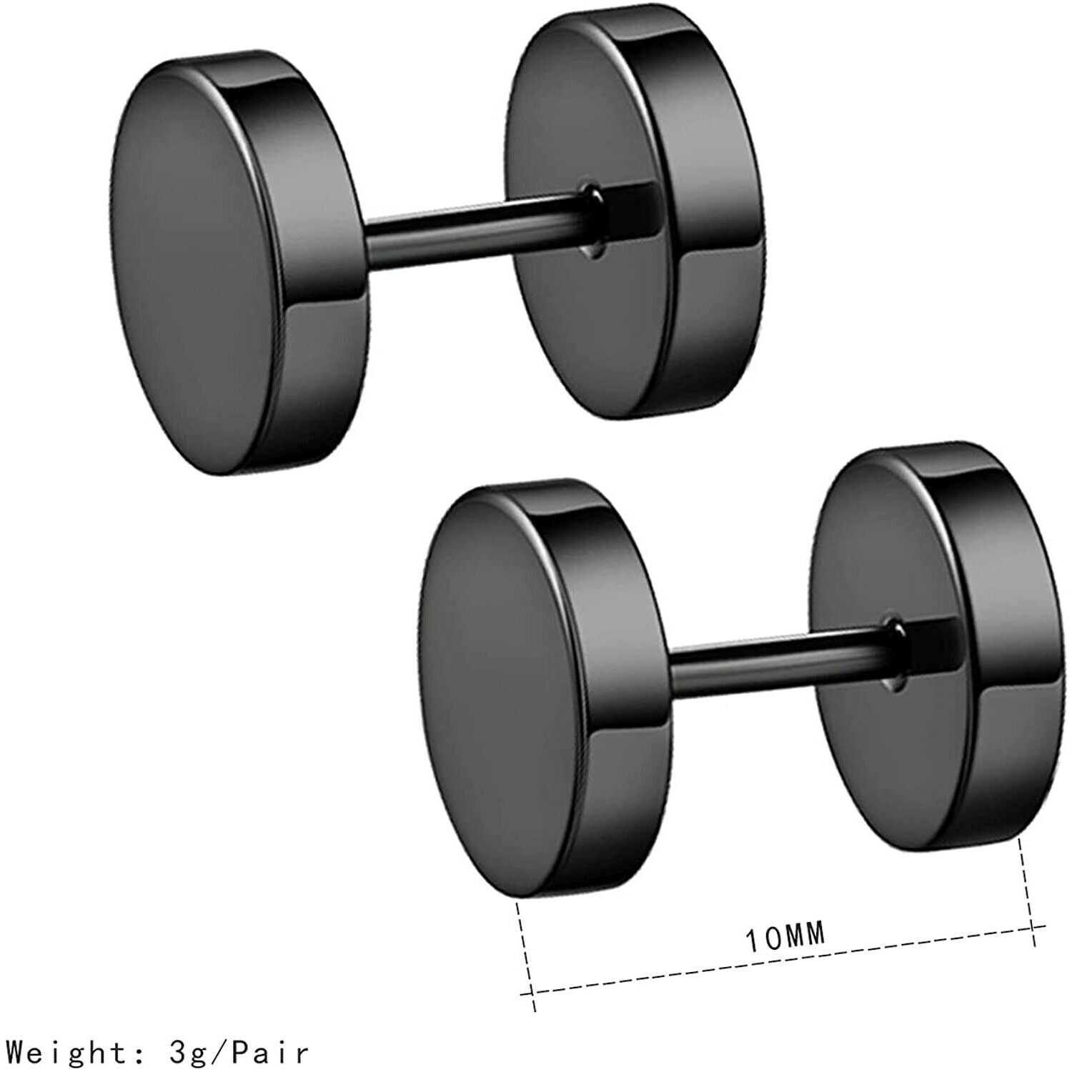 1/3 Pairs Black Flat Round Barbell Stud Earrings Stainless Steel Men Women Gym