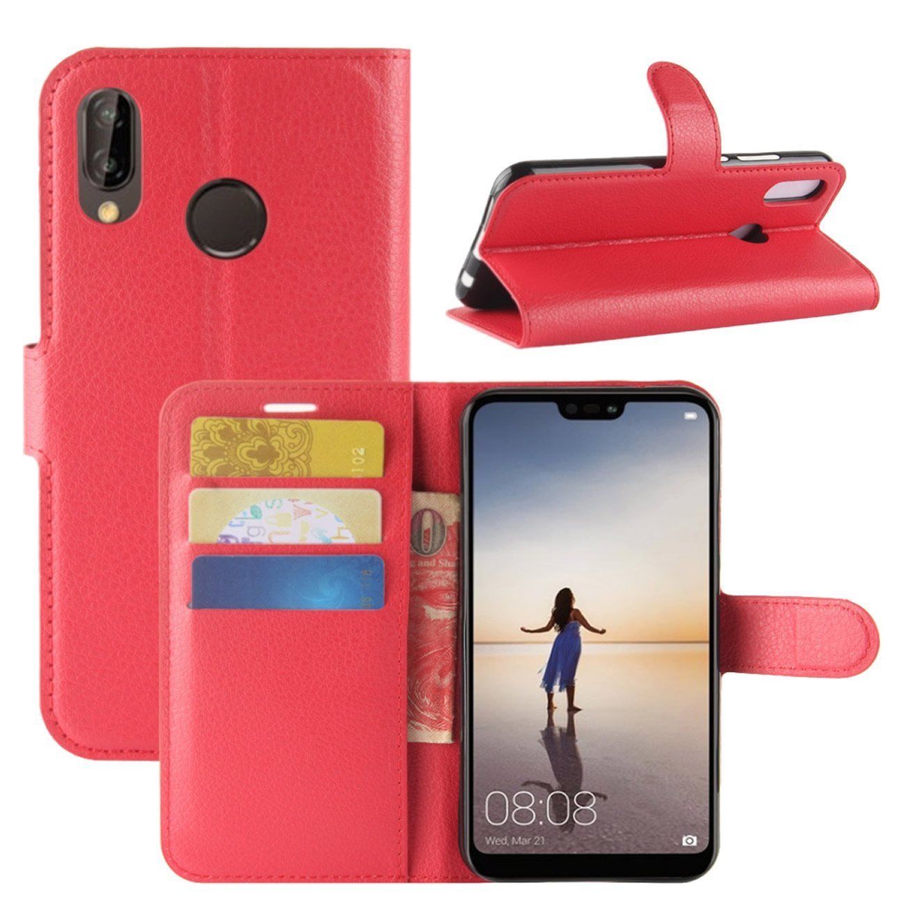 New Premium Leather Wallet Case TPU Cover For HUAWEI Nova 3i-Red