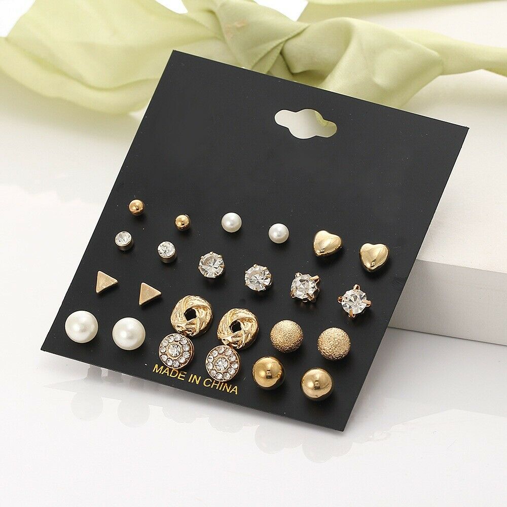 12 Pairs Fashion Rhinestone Crystal Pearl Earrings Set Women Ear Stud Jewelry AU