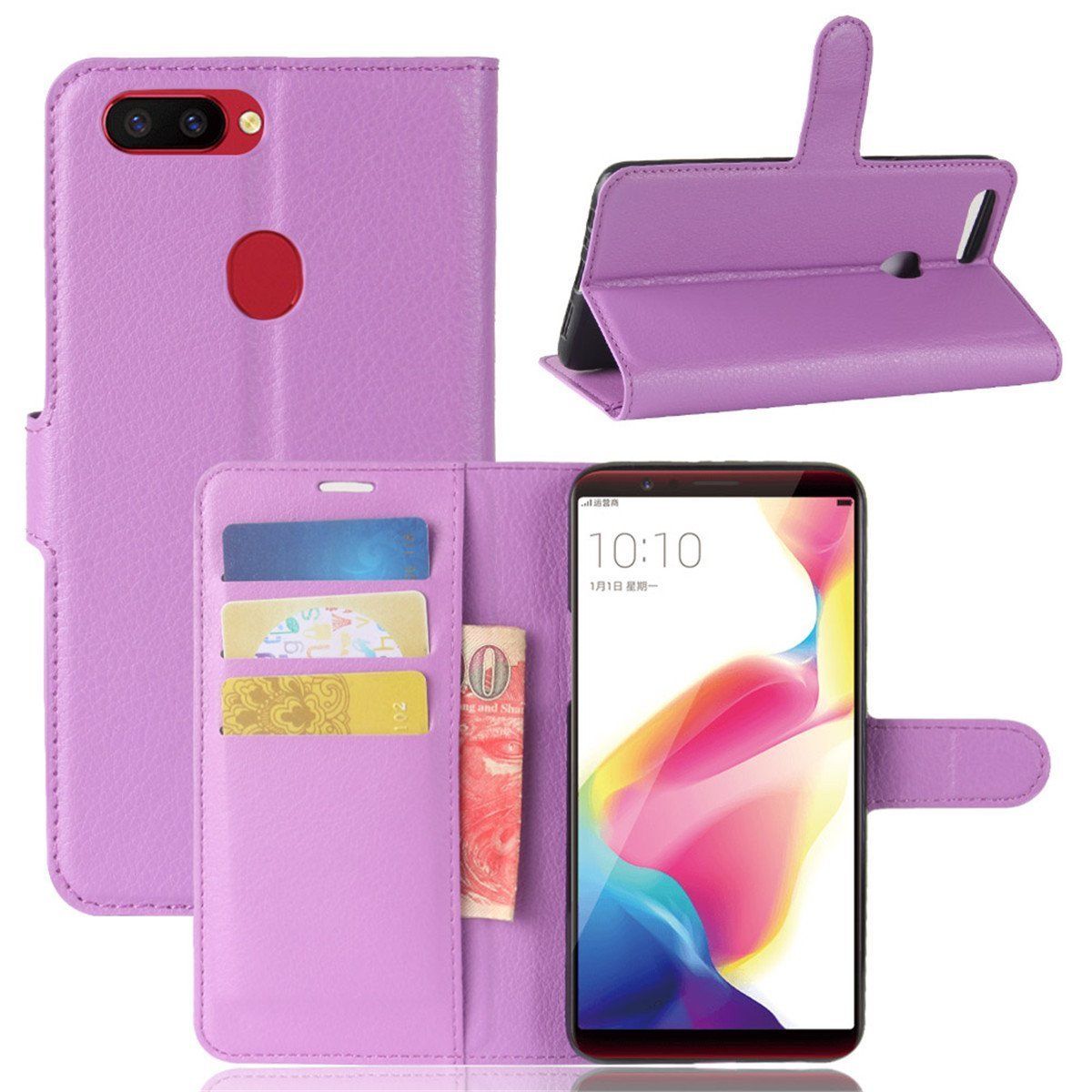For R15 Pro Premium Leather Wallet Case Cover For Oppo Case-Purple
