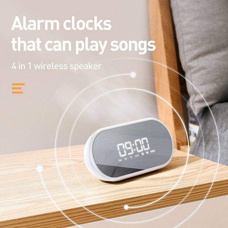 Baseus Wireless Bluetooth Speaker Digital LED Alarm Clock Handsfree FM Radio-White
