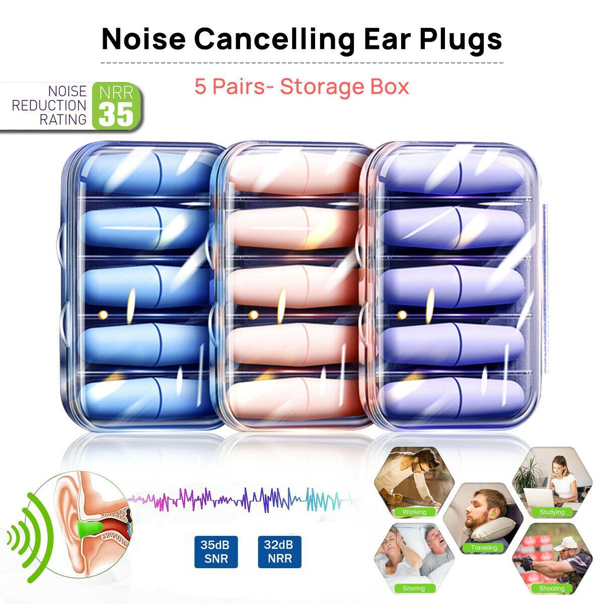 5x Soft Foam Earplugs Noise Reduction Ear plugs Sleeping Shooting Reusable Snore