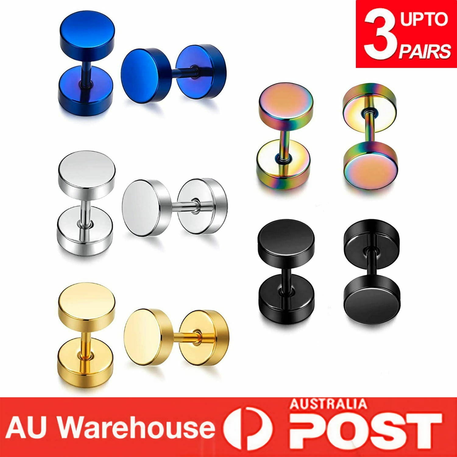 1/3 Pairs Black Flat Round Barbell Stud Earrings Stainless Steel Men Women Gym