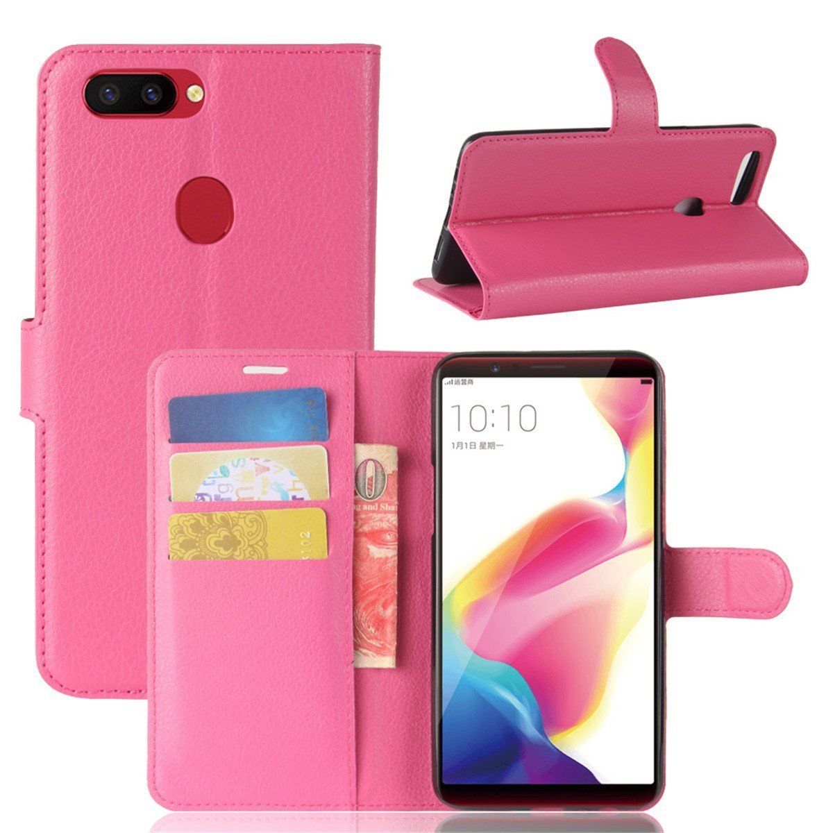 R15 Pro Premium Leather Wallet Case Cover For Oppo Case-Hot Pink