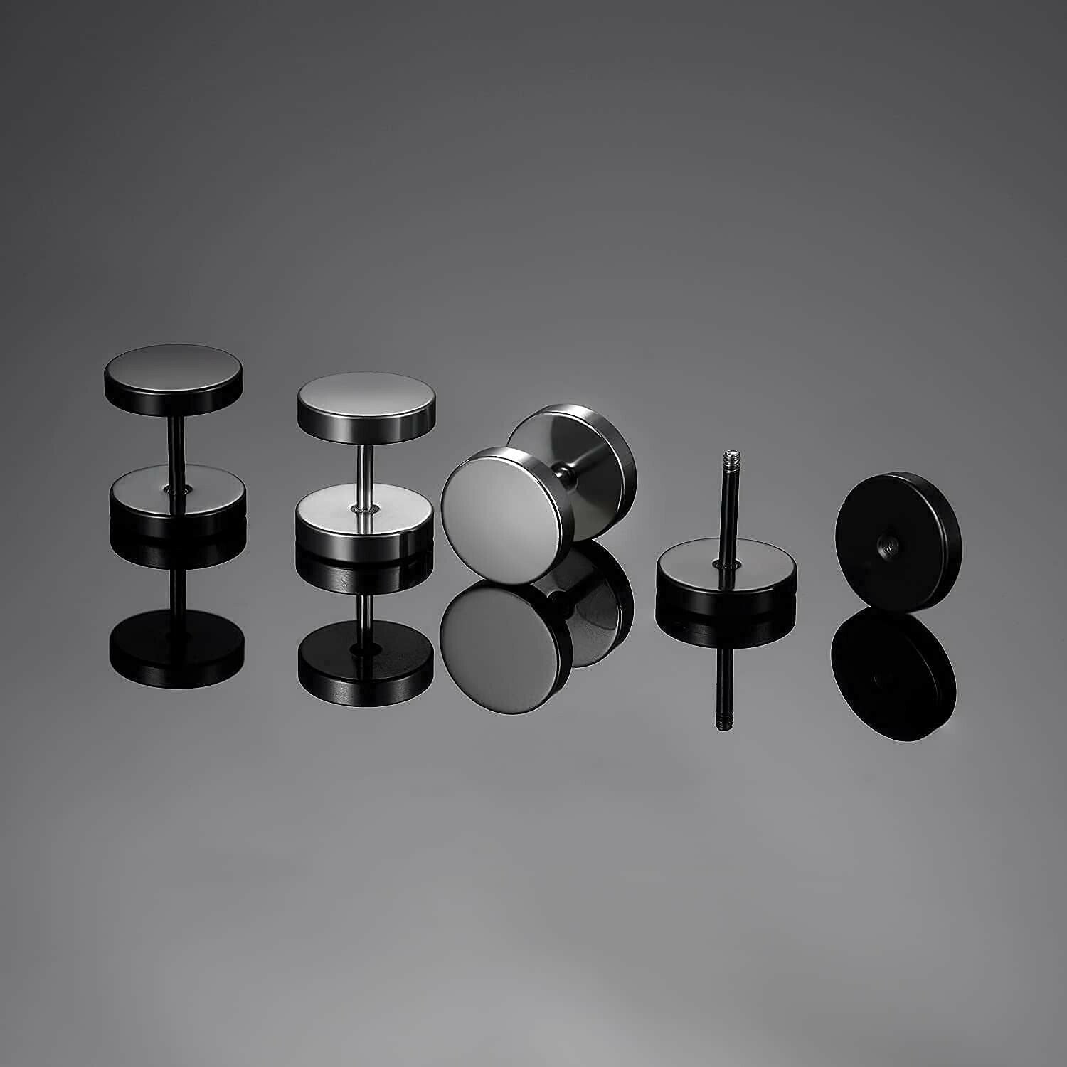 1/3 Pairs Black Flat Round Barbell Stud Earrings Stainless Steel Men Women Gym