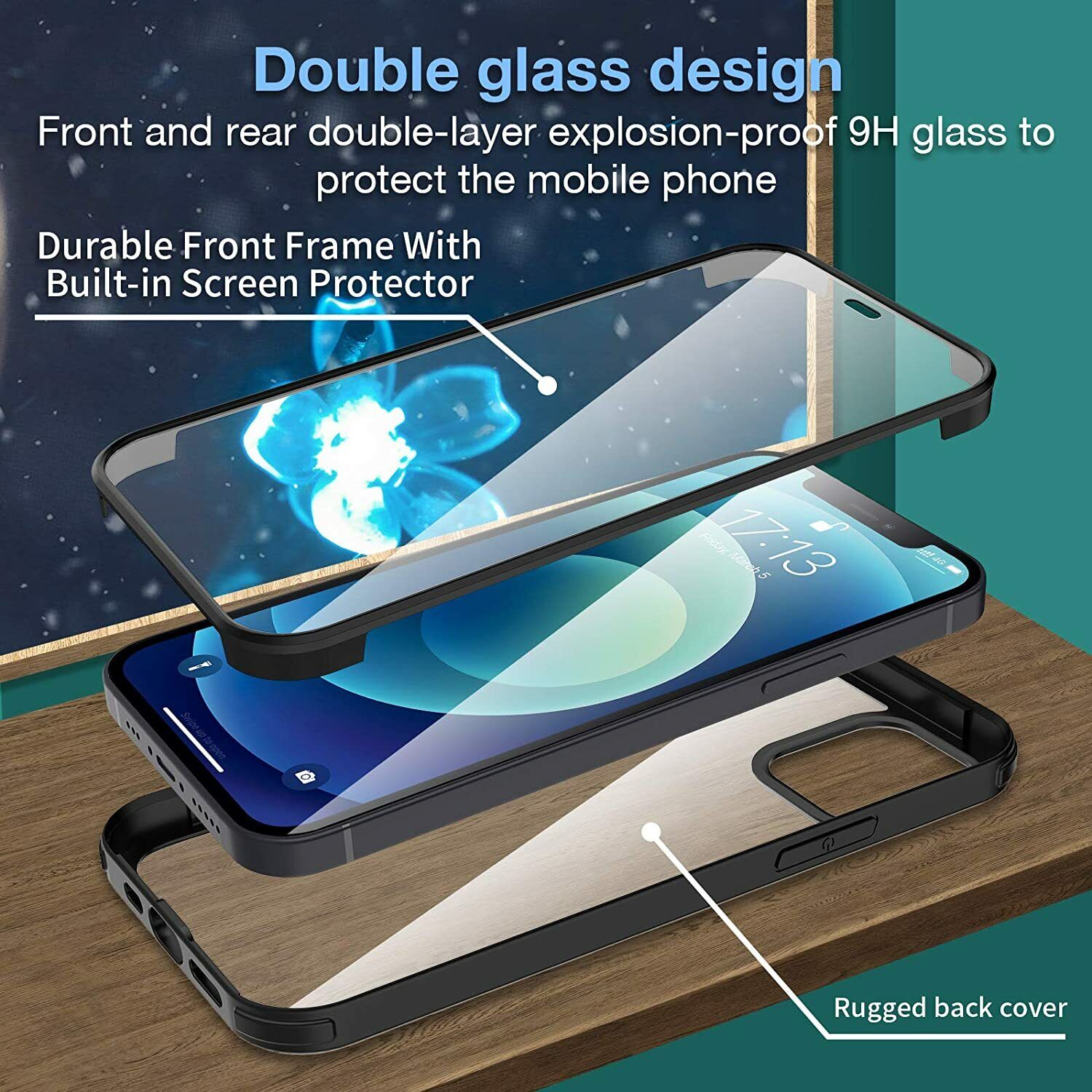 For iPhone 14 Series Shockproof Heavy Duty Full Body Glass Case Cover+Lens Screen Protector