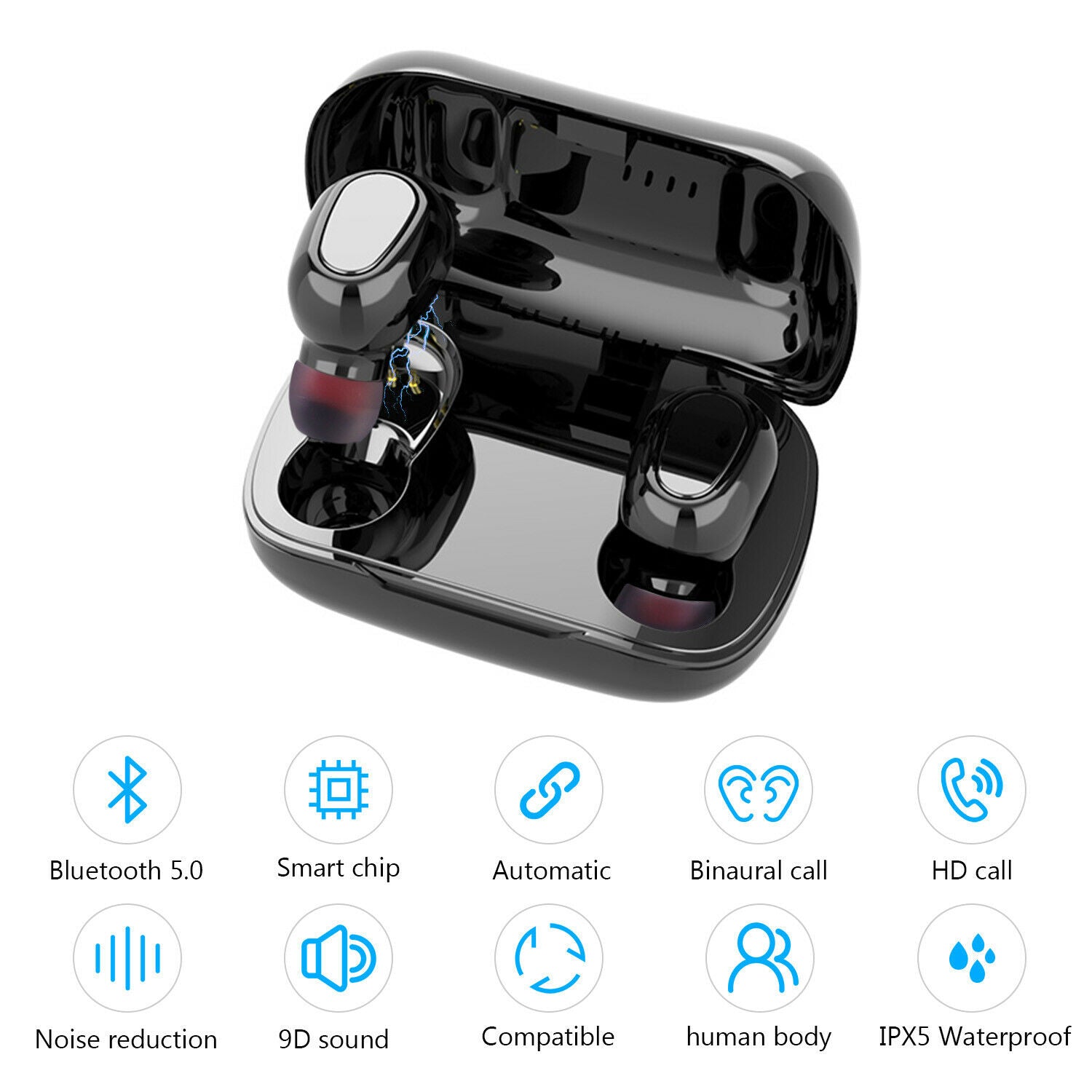 Bluetooth 5.0 Wireless Headset Earphone Waterproof Stereo TWS Headphones Earbuds-Black