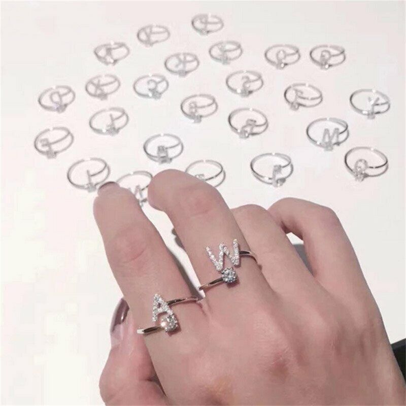 A-Z Initial Letters Silver Micro Zircon Rings Name Rings Adjustable Women AU