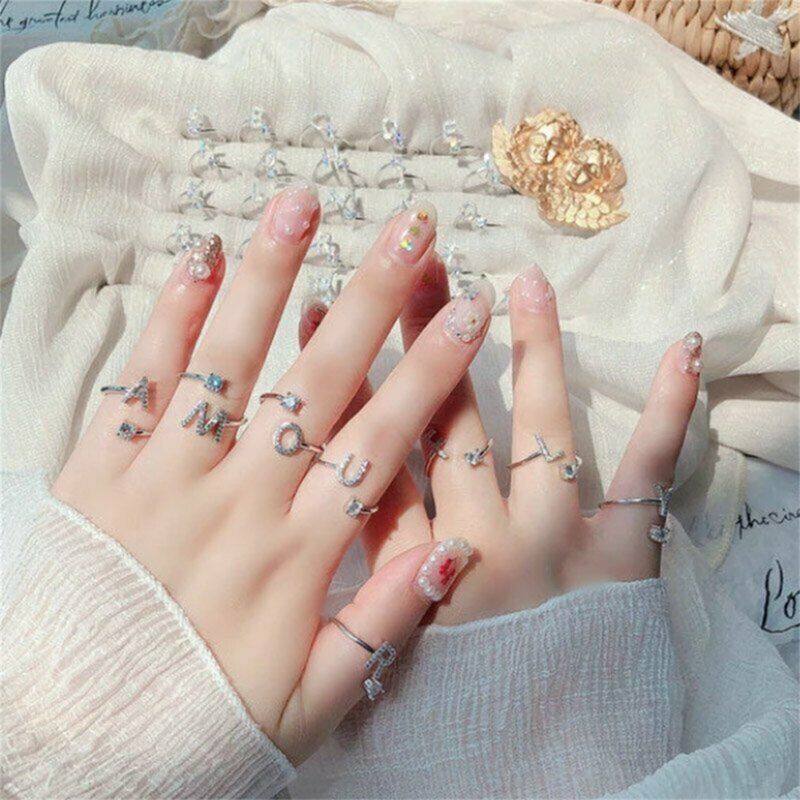 A-Z Initial Letters Silver Micro Zircon Rings Name Rings Adjustable Women AU