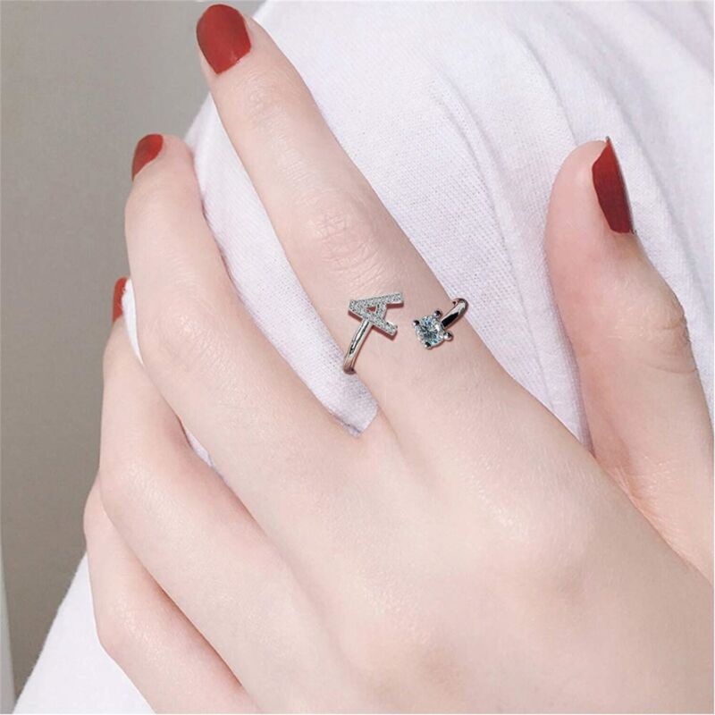 A-Z Initial Letters Silver Micro Zircon Rings Name Rings Adjustable Women AU