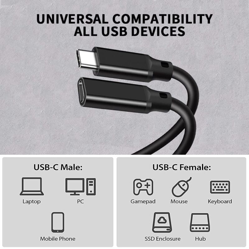 USB 3.1 Type-C Extension Charging Cable USB-C Male to Female Cord Lead 1M
