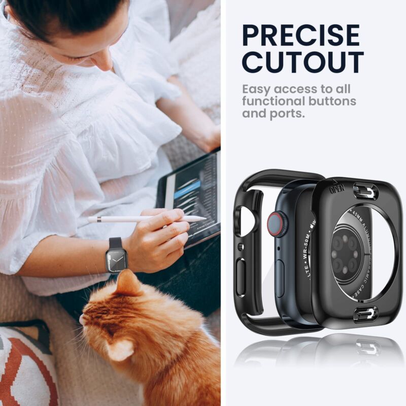 For Apple Watch 8 7 SE 40 44 45 41mm Waterproof Glass Back Case Screen Protector