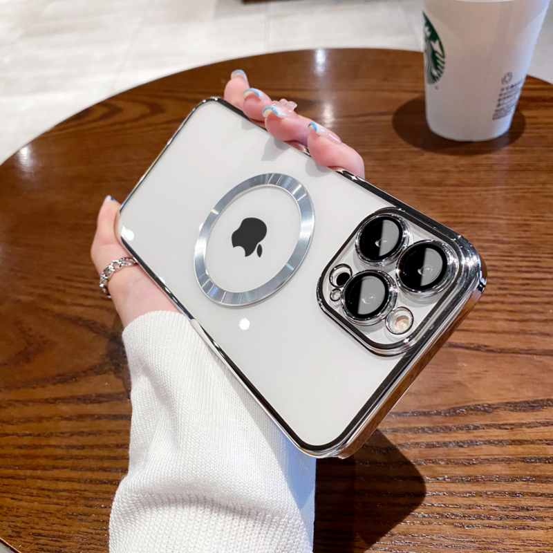 For iPhone 13 14 Pro Max Plus Case Clear Mag safe Plating TPU Magnetic Slim Cover