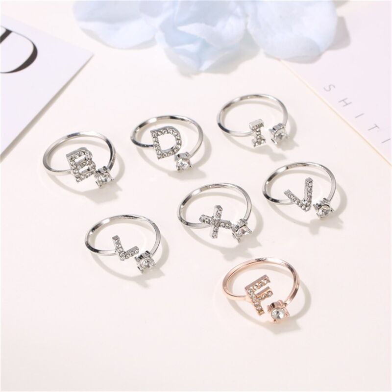 A-Z Initial Letters Silver Micro Zircon Rings Name Rings Adjustable Women AU