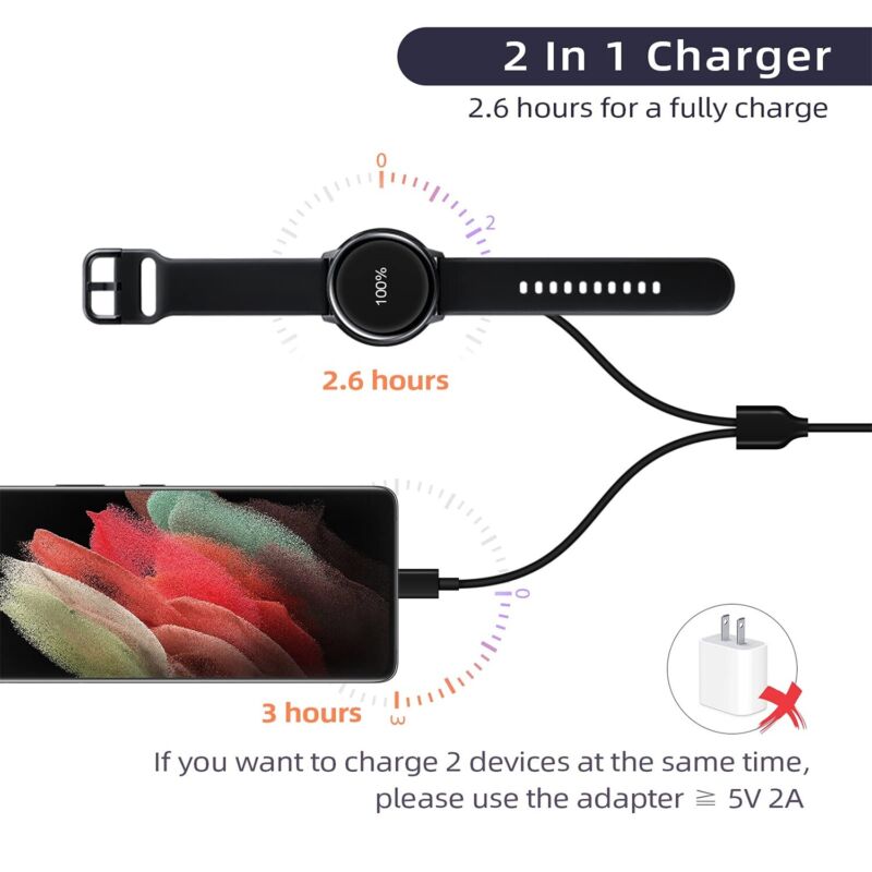 2 in 1 USB Charger Tpye C Cable For Samsung Galaxy Watch 5 Pro/5/4/3/Active 2/1