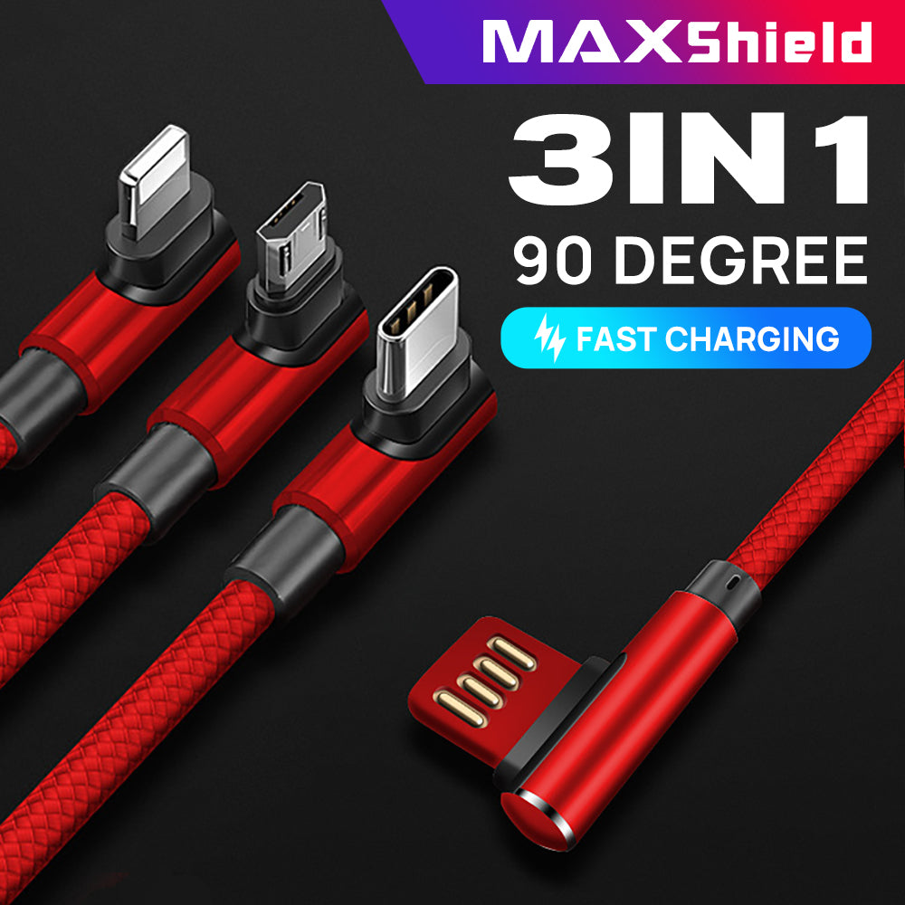 3 in 1 90 Degree Lightning USB Charger Charging Cable Cord For iPhone-Red