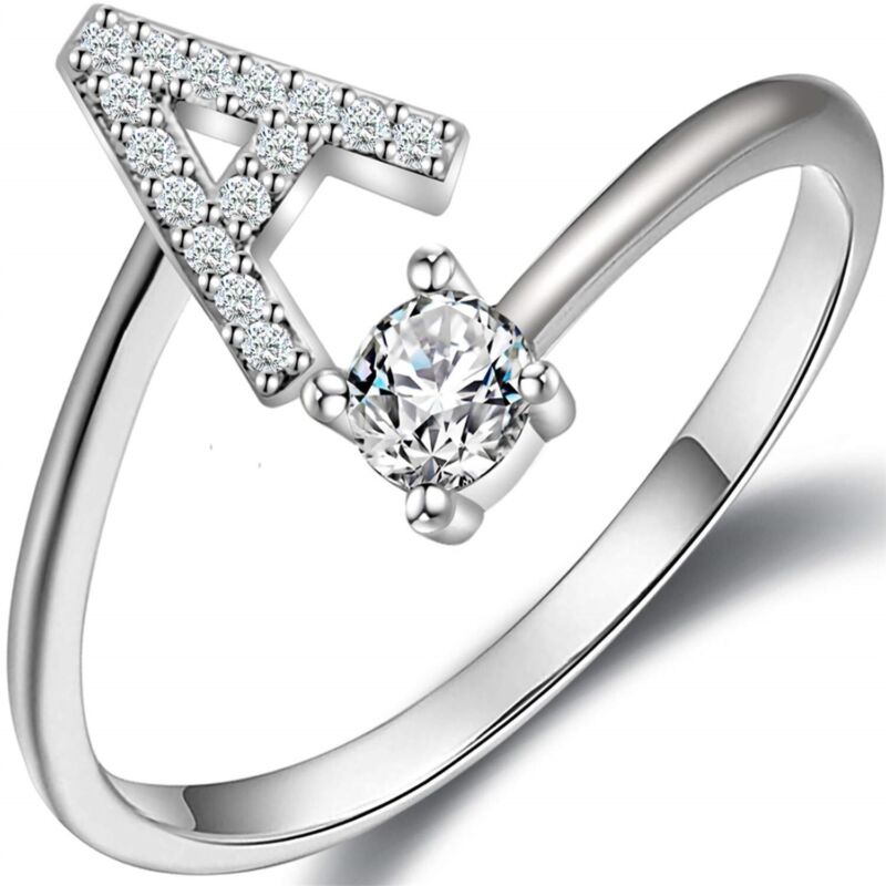 A-Z Initial Letters Silver Micro Zircon Rings Name Rings Adjustable Women AU