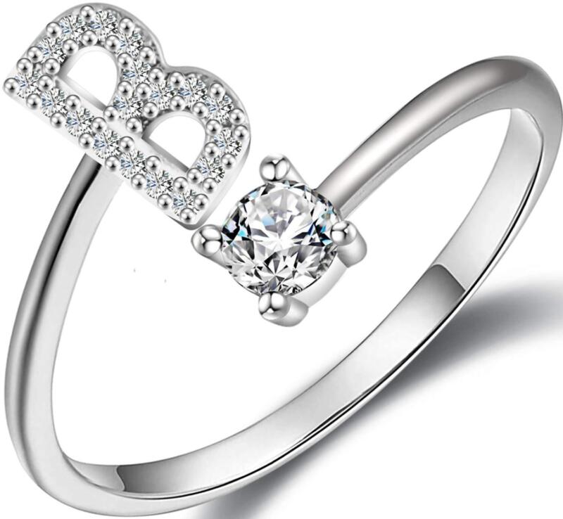 A-Z Initial Letters Silver Micro Zircon Rings Name Rings Adjustable Women AU