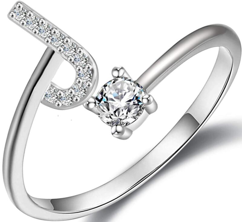 A-Z Initial Letters Silver Micro Zircon Rings Name Rings Adjustable Women AU