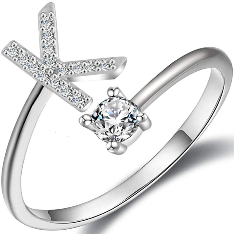 A-Z Initial Letters Silver Micro Zircon Rings Name Rings Adjustable Women AU