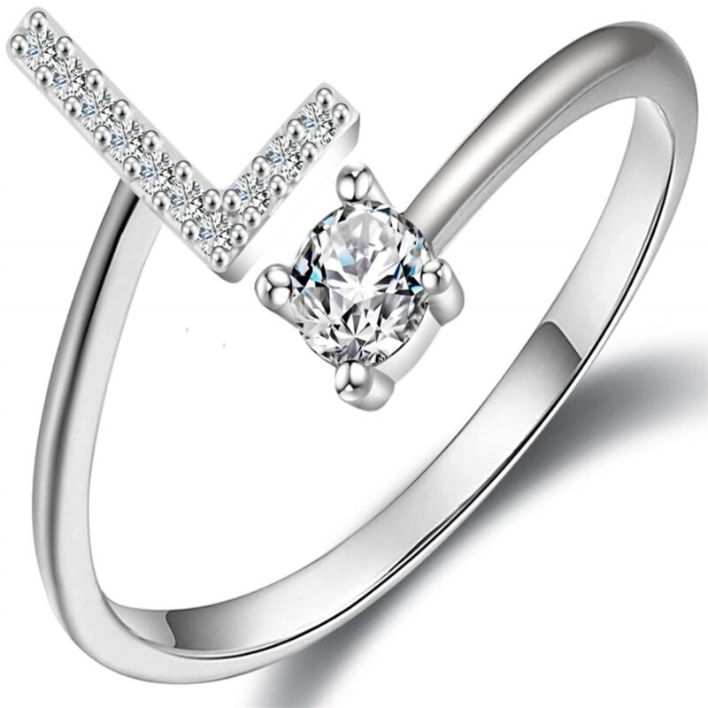 A-Z Initial Letters Silver Micro Zircon Rings Name Rings Adjustable Women AU
