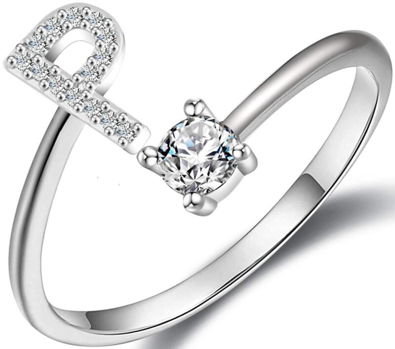 A-Z Initial Letters Silver Micro Zircon Rings Name Rings Adjustable Women AU