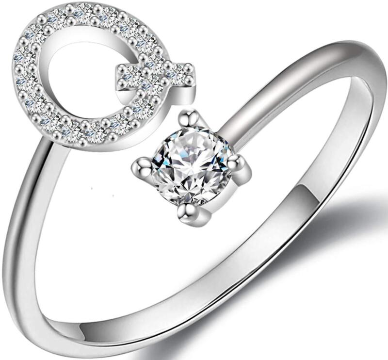 A-Z Initial Letters Silver Micro Zircon Rings Name Rings Adjustable Women AU