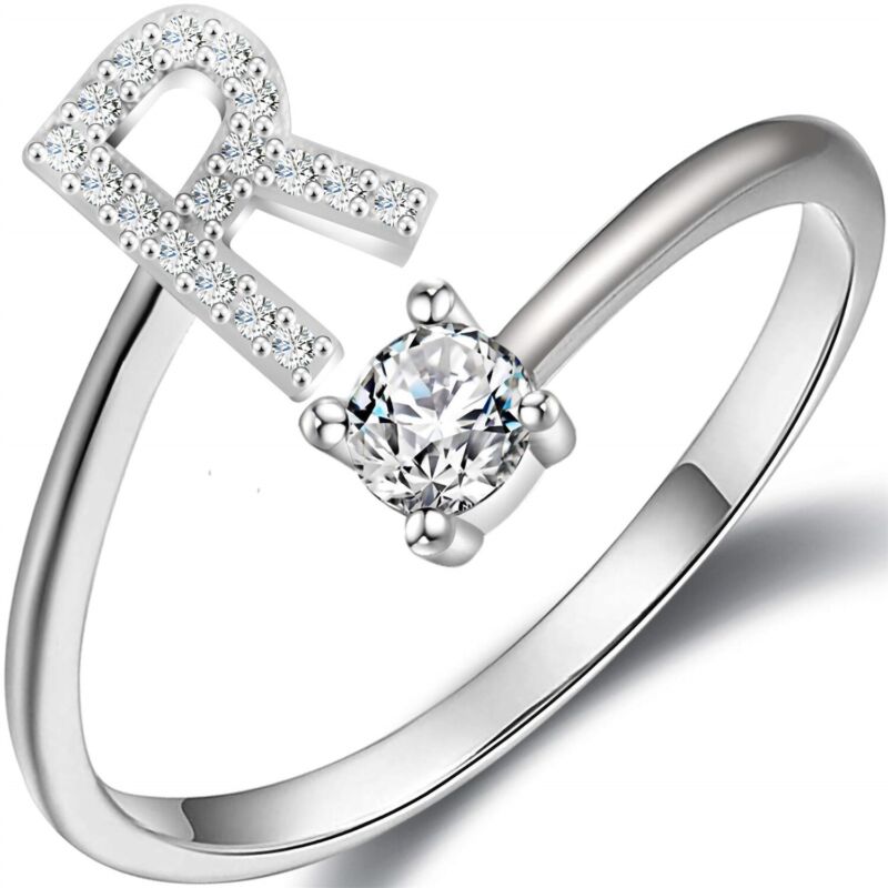 A-Z Initial Letters Silver Micro Zircon Rings Name Rings Adjustable Women AU