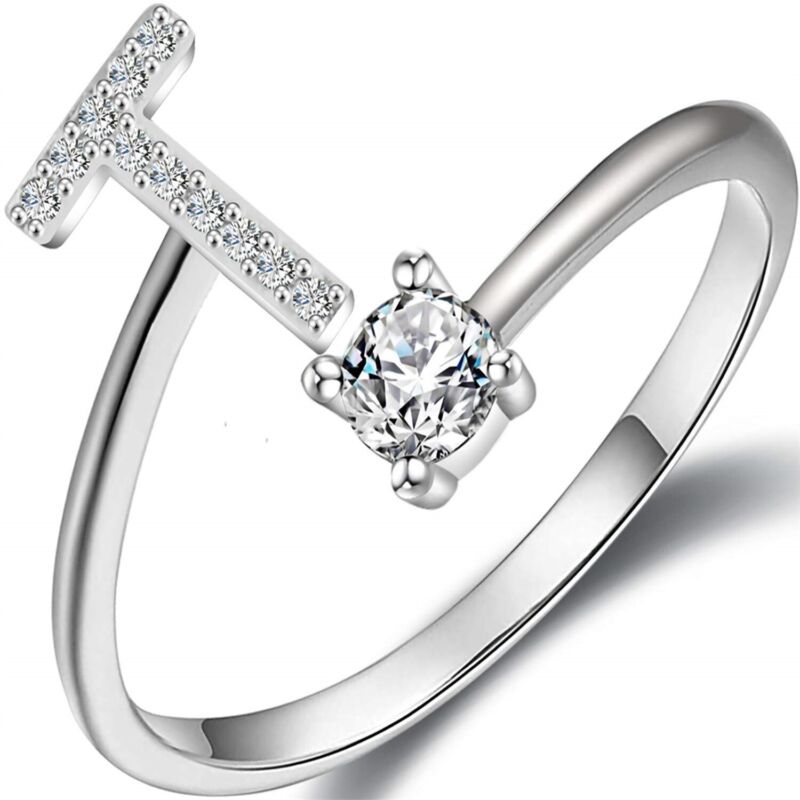 A-Z Initial Letters Silver Micro Zircon Rings Name Rings Adjustable Women AU