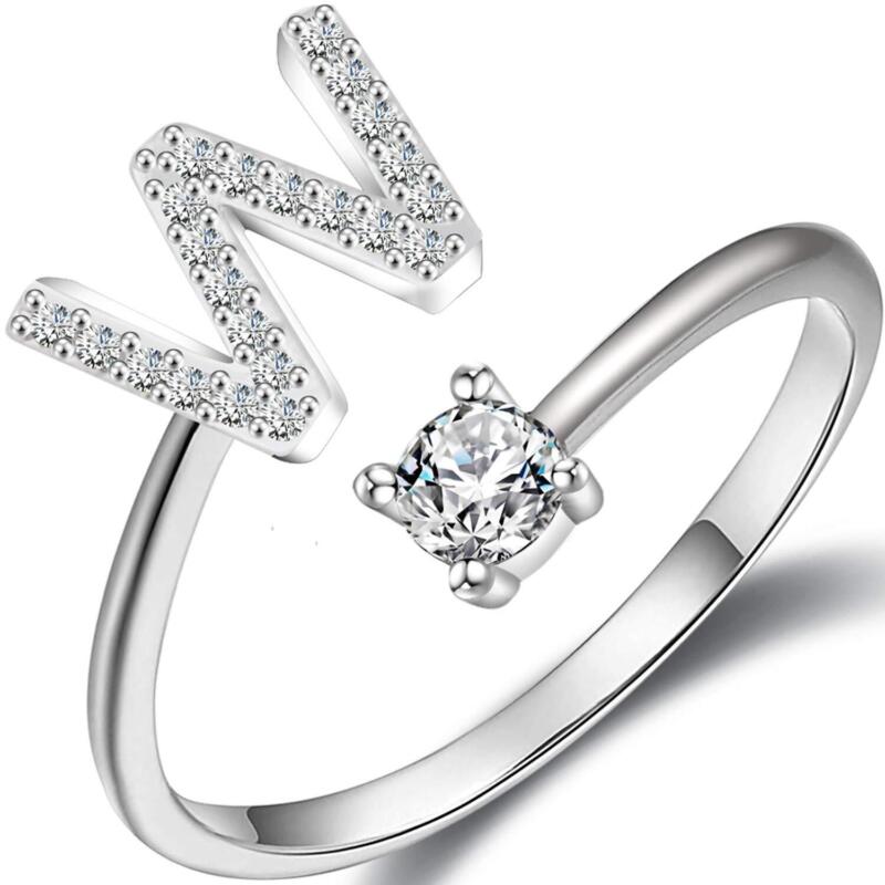 A-Z Initial Letters Silver Micro Zircon Rings Name Rings Adjustable Women AU