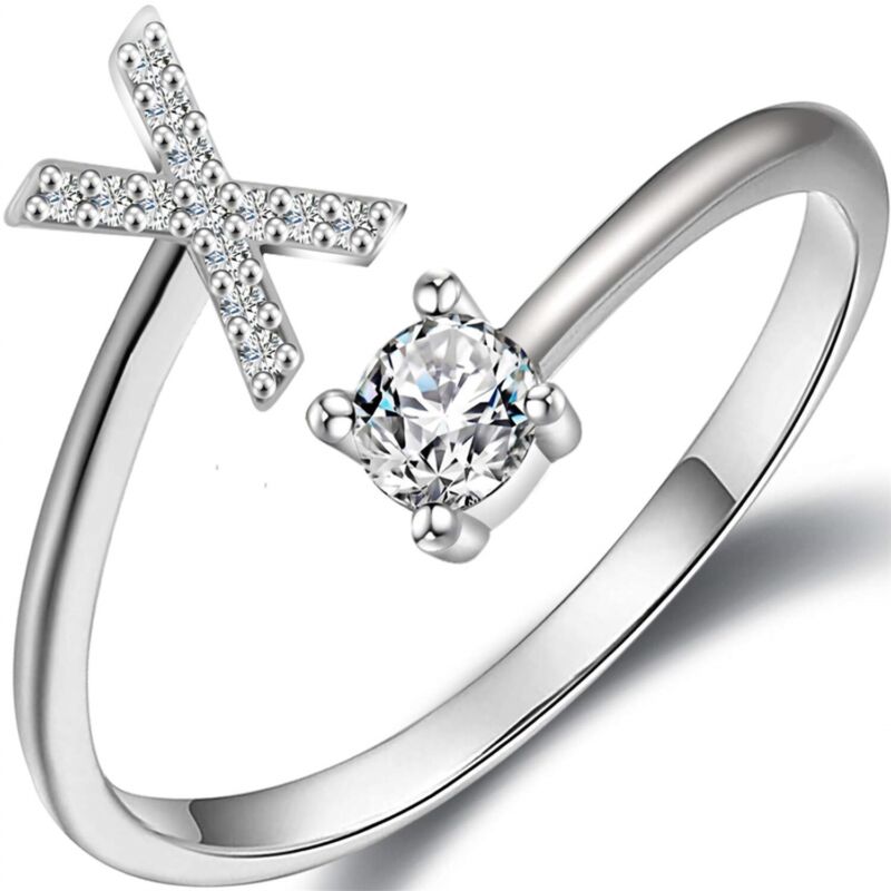 A-Z Initial Letters Silver Micro Zircon Rings Name Rings Adjustable Women AU