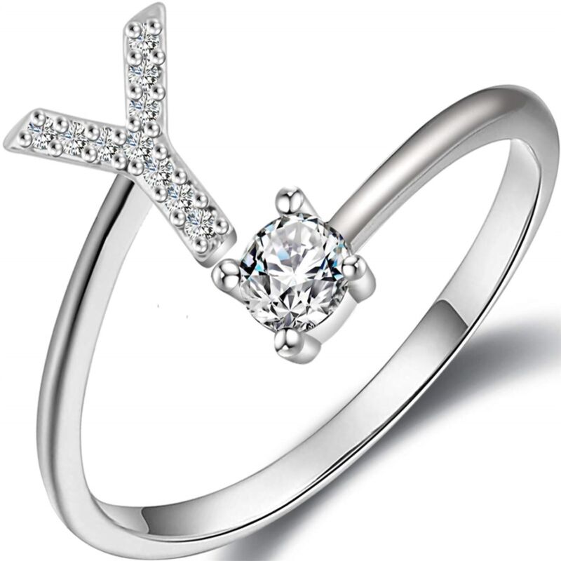 A-Z Initial Letters Silver Micro Zircon Rings Name Rings Adjustable Women AU