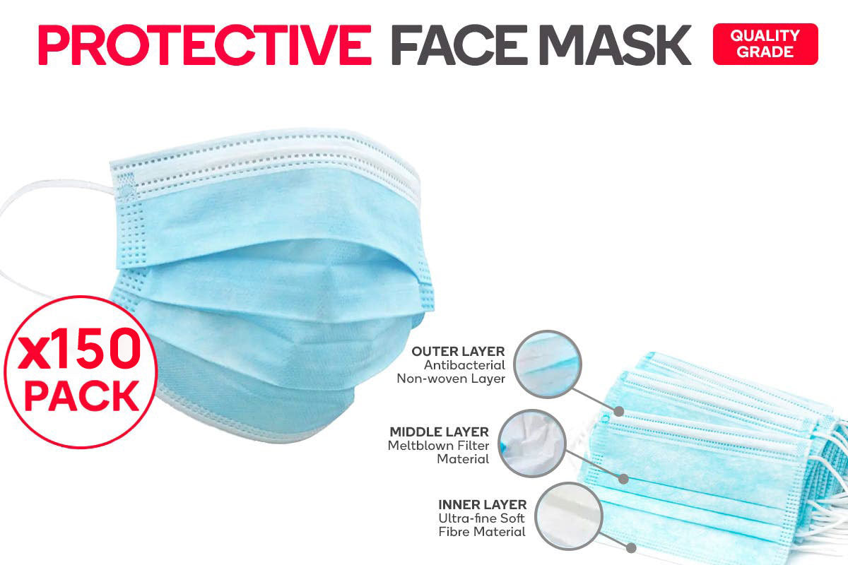 150 Pcs Disposable 3-Ply Face Mask Protective Meltblown AU for General Use